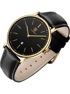 Mens Black Gold Leather Strap Analog Minimalist Fashion Simple Round Wrist Watch
